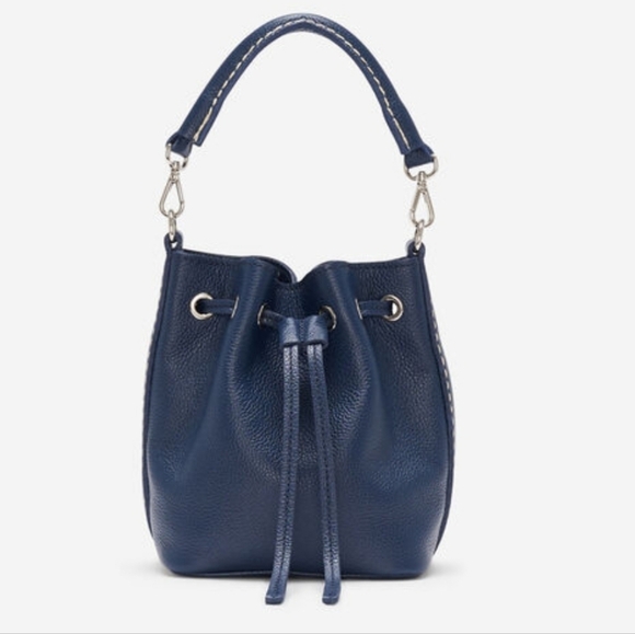 Roots pebbled leather drawstring bucket crossbody bag purse cervino blue medium - Picture 1 of 11